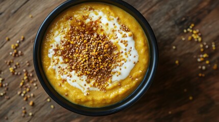 Poster - Bowl of creamy pumpkin soup topped with bee pollen on rustic wooden countertop for healthy cuisine and seasonal dish concepts