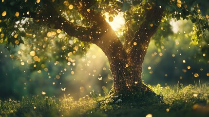 Poster - Bokeh light sparkling through a lush green tree creating a dreamy and enchanting nature scene in soft sunlight