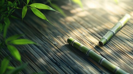 Poster - Serene bamboo arrangement on textured wooden surface with soft lighting for tranquil nature-themed designs