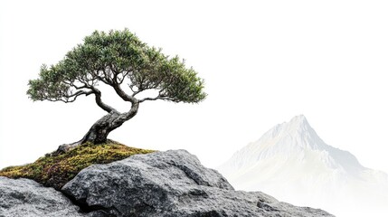 Poster - Serene bonsai tree on rocky terrain with mountain backdrop symbolizing tranquility and harmony in nature garden aesthetics