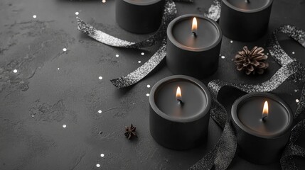 Poster - Black Candles with Glittery Ribbons and Pinecones on a Dark Textured Background for Festive Decor and Celebrations