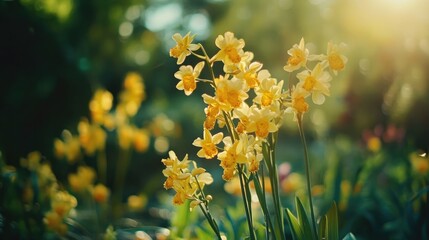 Poster - Vibrant Yellow Orchid Blossoms Illuminated by Sunlight in a Lush Garden Setting