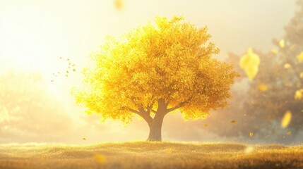 Poster - Vibrant yellow maple tree illuminated by sunlight creating a serene background with ample copy space for your designs