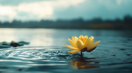 Aufkleber - Serene yellow lotus flower with water droplets gracefully floating on a tranquil lake under a soft cloudy sky.