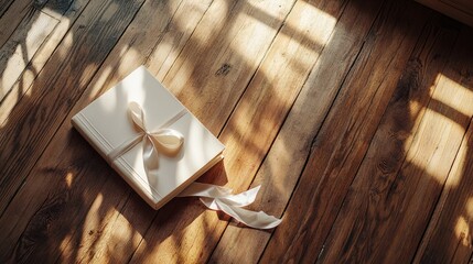 Aufkleber - Elegant book with a decorative ribbon resting on rustic wooden floor illuminated by natural light and shadows creating a serene ambiance