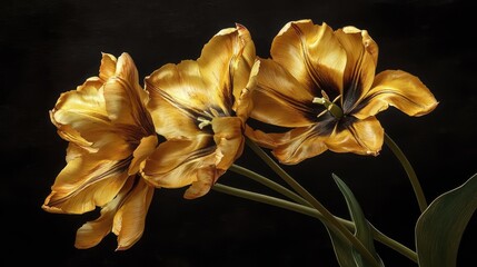 Poster - Vibrant yellow tulips with rich textures and dark background showcasing elegance and beauty in floral photography