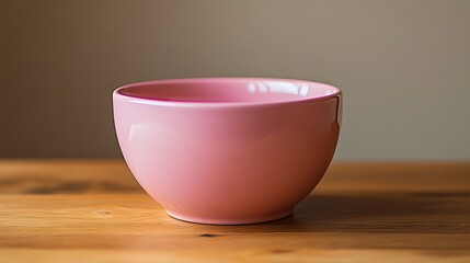 A pink bowl that is vacant and solitary on an oak desk