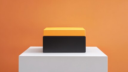 Poster - Black box with yellow lid on a pedestal against an orange background showcasing modern minimalism in design and color contrast.