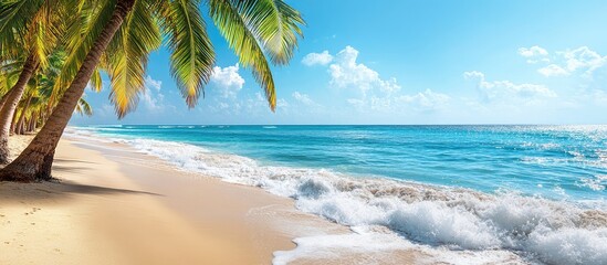 Poster - Tropical beach scene with coconut palm trees and clear blue ocean water ideal for summer vacation advertising and travel promotions