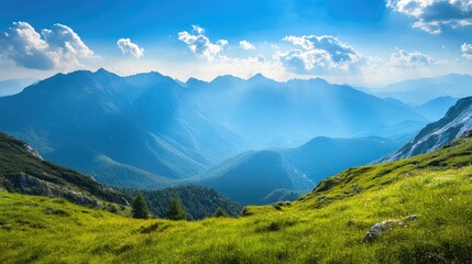 Poster - Breathtaking mountain landscape under a vibrant blue sky with soft clouds and lush green foreground for nature enthusiasts and travelers.