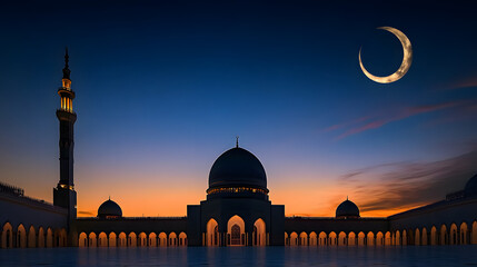 Wall Mural - mosques dome on dark blue twilight sky and crescent moon on background, symbol islamic religion and 