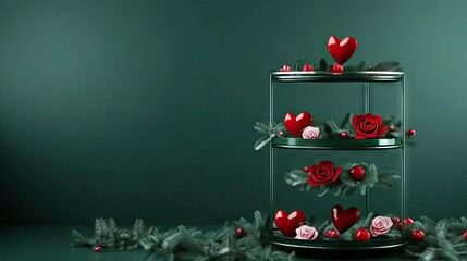 Wall Mural - A tiered green and red product stand with Valentine's Day heart and rose embellishments, ideal for festive promotions.