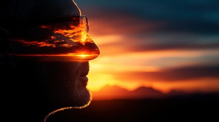 Poster - Man's Profile with Sunset Reflection in Glasses at Dusk