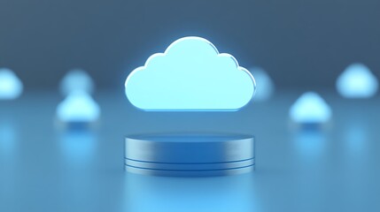 Poster - Blue Cloud Icon with Glowing Effect on Podium Surrounded by Softly Lit Gradients and Shapes