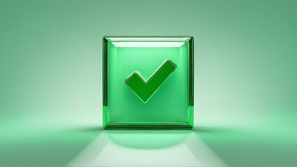 3d green tick in glass box