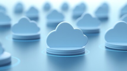 Poster - blue cloud icons with glowing base illustrating cloud computing and digital storage technology conce