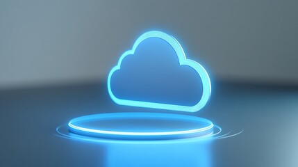 Poster - Blue glowing cloud symbol on a circular platform with soft reflections and modern digital design aesthetic