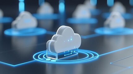Poster - Cloud Computing Concept with 3D Rendered Cloud Icons and Digital Network Connections in Blue Color Theme