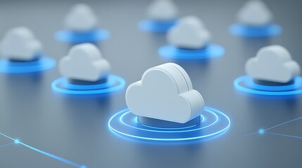 Poster - cloud computing concept with 3d white clouds on blue neon circles representing digital data exchange