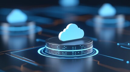 Poster - cloud computing concept with blue cloud symbol on digital circuit board representing data storage