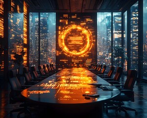 Poster - futuristic corporate boardroom with glowing digital agreements as executives discuss business terms