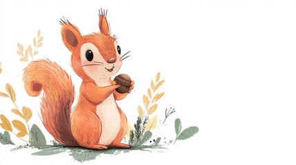 Poster - Charming illustration of a squirrel holding an acorn surrounded by colorful foliage in a whimsical outdoor setting. Generative AI