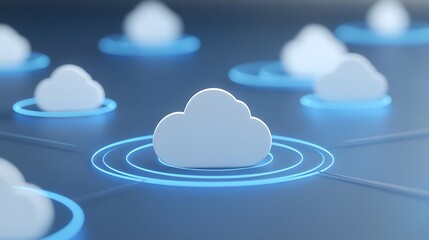 Poster - Digital Cloud Computing Network with Abstract Cloud Icons and Neon Blue Circles on Dark Background