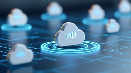 Poster - digital cloud storage interface with graphs representing data analysis and management techniques