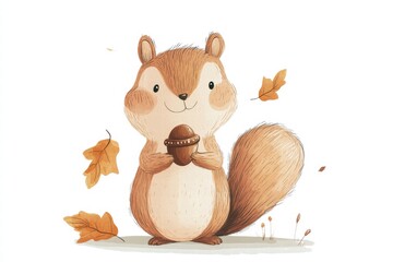 Poster - Cute illustrated squirrel holding an acorn surrounded by autumn leaves in a colorful woodland setting. Generative AI