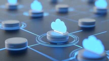 Poster - Digital Cloud Technology Concept with Stylized Icons on a Dark Surface Representing Networking Opportunities