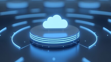 Poster - Elegant Blue Cloud Icon on a Futuristic Platform with Radiating Light Effects and Digital Background