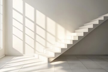 Poster - Minimalistic white staircase with geometric shadows in sunlit interior setting