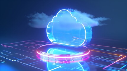 Poster - futuristic cloud computing concept with neon lights and abstract digital elements on glossy backgrou