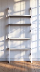 Poster - A spacious empty white shelf stands against a softly lit background, casting gentle shadows that enhance the tranquil atmosphere of the room