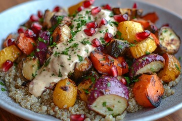 Wall Mural - Quinoa salad with roasted vegetables and parsley dressing is served in bowl