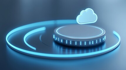 Poster - Futuristic Cloud Icon on Glowing Circular Base with Neon Lines in Digital Environment