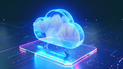 Aufkleber - Futuristic Cloud Storage Concept with Digital Neon Lights and Soft Clouds on a Dark Technology Background