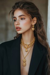 Wall Mural - Fashion model wearing gold jewelry and black blazer