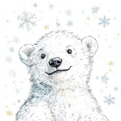 Aufkleber - Friendly illustrated polar bear smiling amidst falling snowflakes in a winter wonderland setting. Generative AI