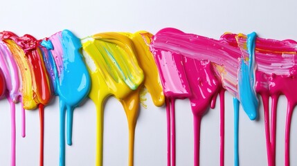 Poster - Bright and vivid paint strokes in shades of pink, blue, yellow, and more drip elegantly across a white canvas, showcasing artistic expression
