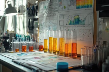 Leinwandbilder - Scientist analyzing test tubes with orange liquid in laboratory with charts displayed on board