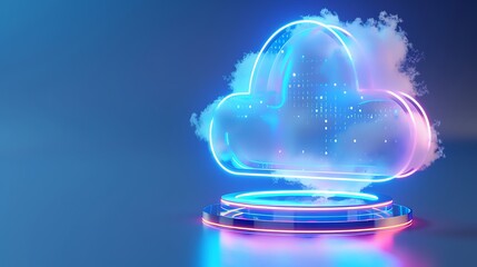 Poster - futuristic digital cloud symbol with glowing effects and data visuals on a sleek blue background