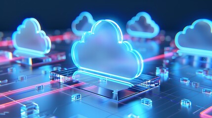 Poster - Futuristic digital cloud technology concept with glowing neon elements on a circuit board design