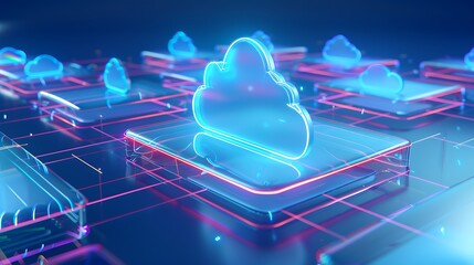 Poster - Futuristic Digital Cloud Technology with Neon Lighting on Geometric Background for Data Storage Concepts