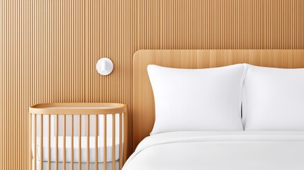 Wall Mural - Modern Minimalist Bedroom with Wooden Accent Wall and Crib