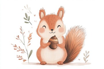 Poster - Cute squirrel holding an acorn surrounded by simple floral elements in a whimsical illustration style. Generative AI