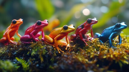 Wall Mural - Colorful poison dart frogs resting on mossy surface