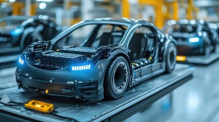 Aufkleber - Electric car being assembled on production line in a modern factory
