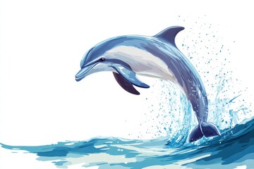 Poster - Dolphin leaping out of water with splashes under clear blue sky during daytime. Generative AI