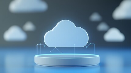 Poster - Glowing Cloud Icon on Platform Surrounded by Soft Clouds in Modern Digital Environment